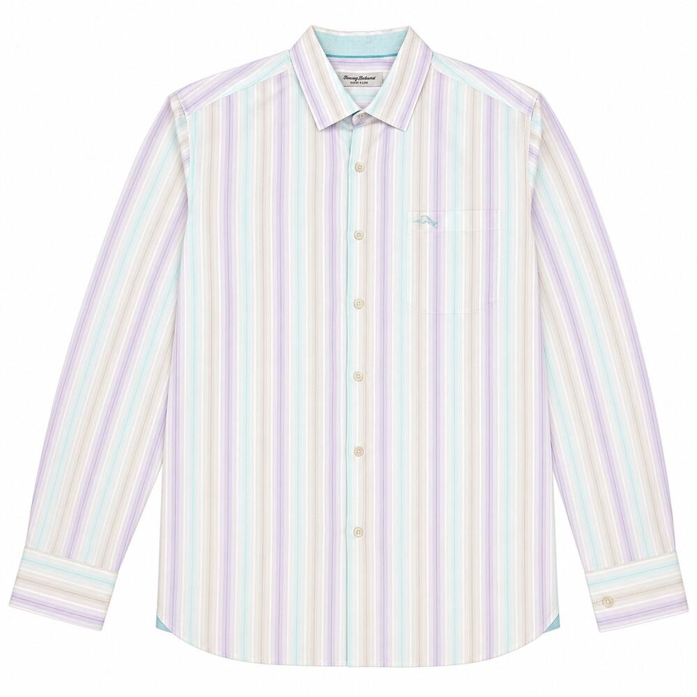 Tommy Bahama pastel striped 100# Pima cotton button up collard top. Men’s Large